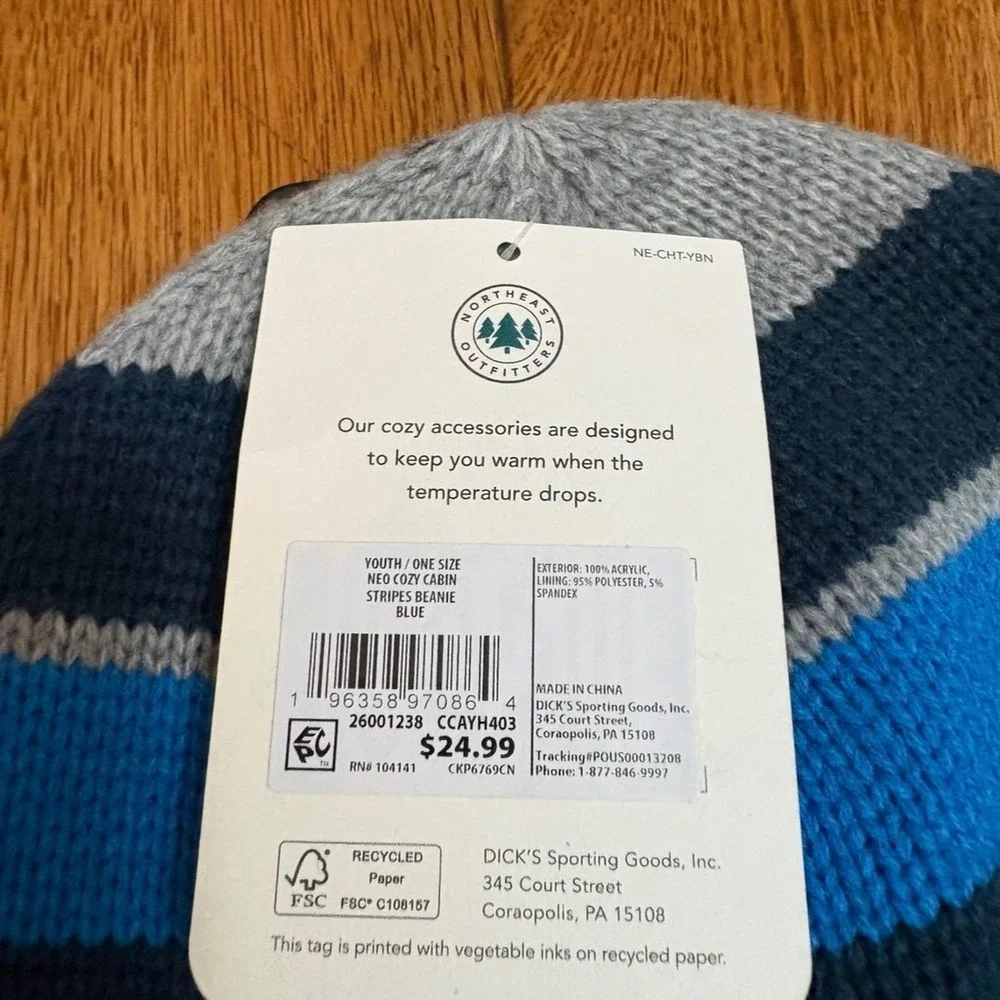 Northeast Outfitters Youth Cozy Cabin Beanie Blue‎ Striped Fleece Lined CCAYH403